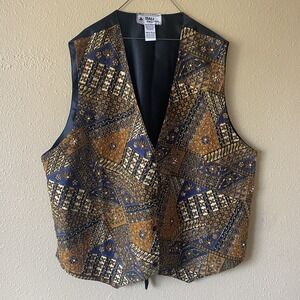 Vintage Bali Collection Beaded Vest‎ Multicolor Patchwork One Size Snap tie back